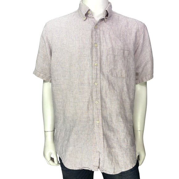 Brooks Brothers 346 Mens Linen Shirt Yellow Pink Check Short Sleeve Size L - Picture 2 of 12